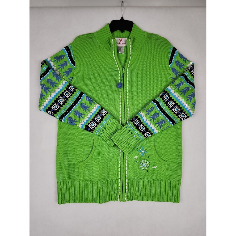 Quacker Factory Full-Zip Sweater Womens L Lime Green Christmas Holiday Festive